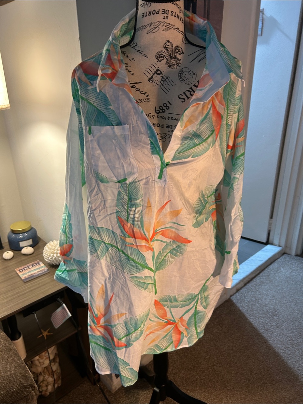 Serra White Swim Coverup Tunic with Green & Orange Tropical Leaf Print